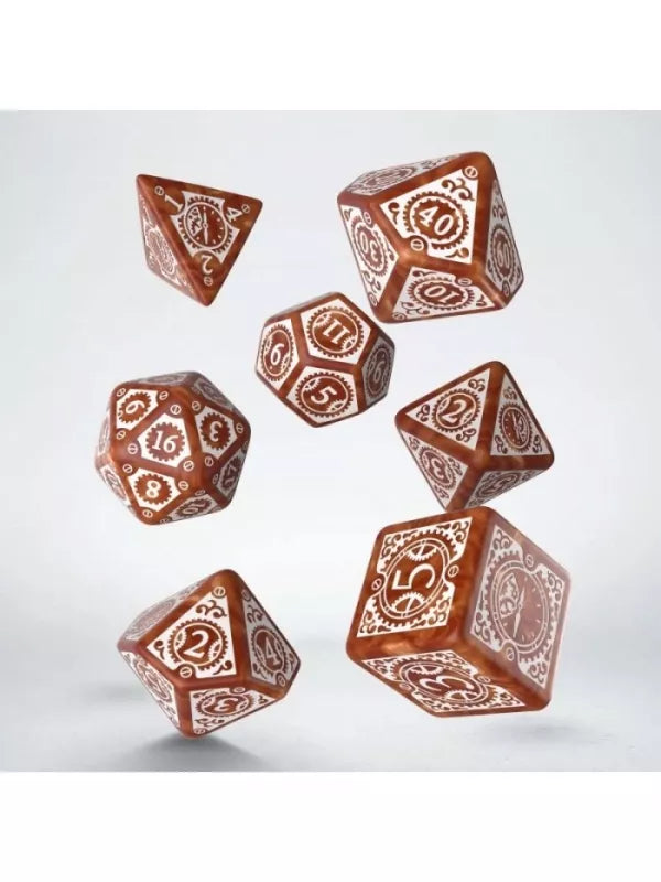 Dados Steampunk Clockwork en Caramelo y Blanco