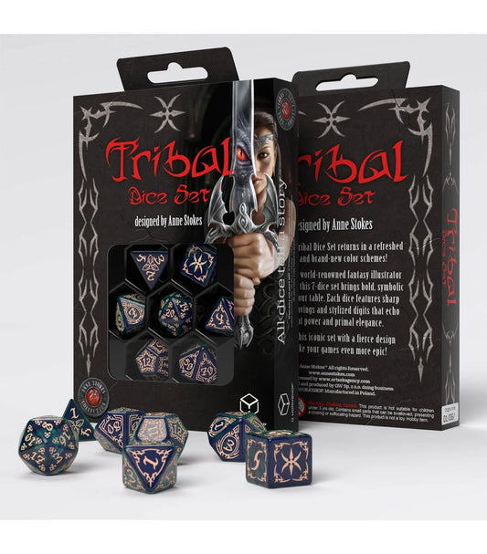 Dados en Azul y Beige (7 unidades) Tribal - Q Workshop