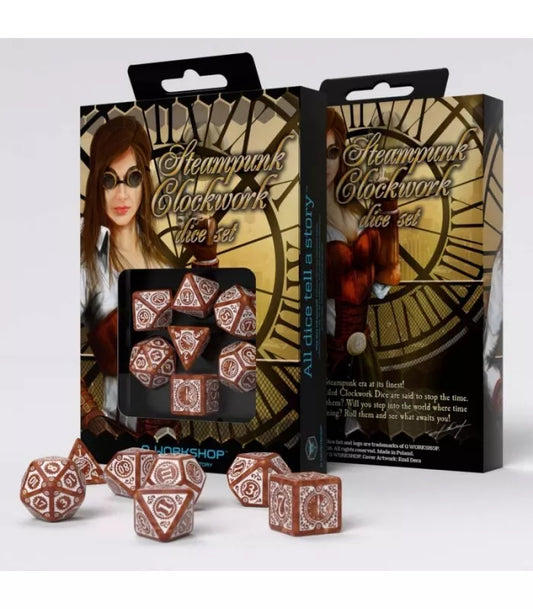 Dados Steampunk Clockwork en Caramelo y Blanco
